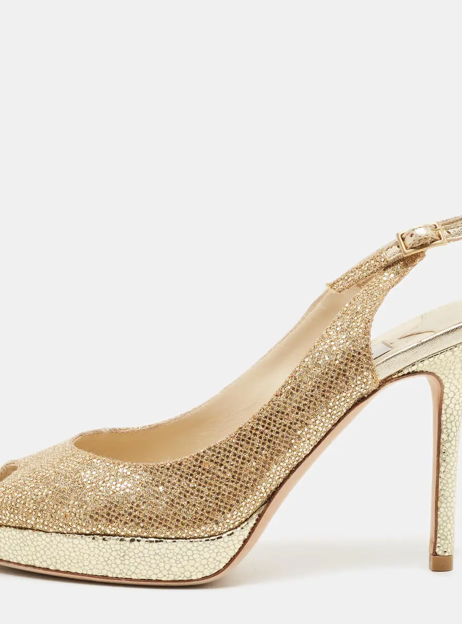 Jimmy Choo Verity Size 35 Gold Glitter Peep Toe Slingback Pumps