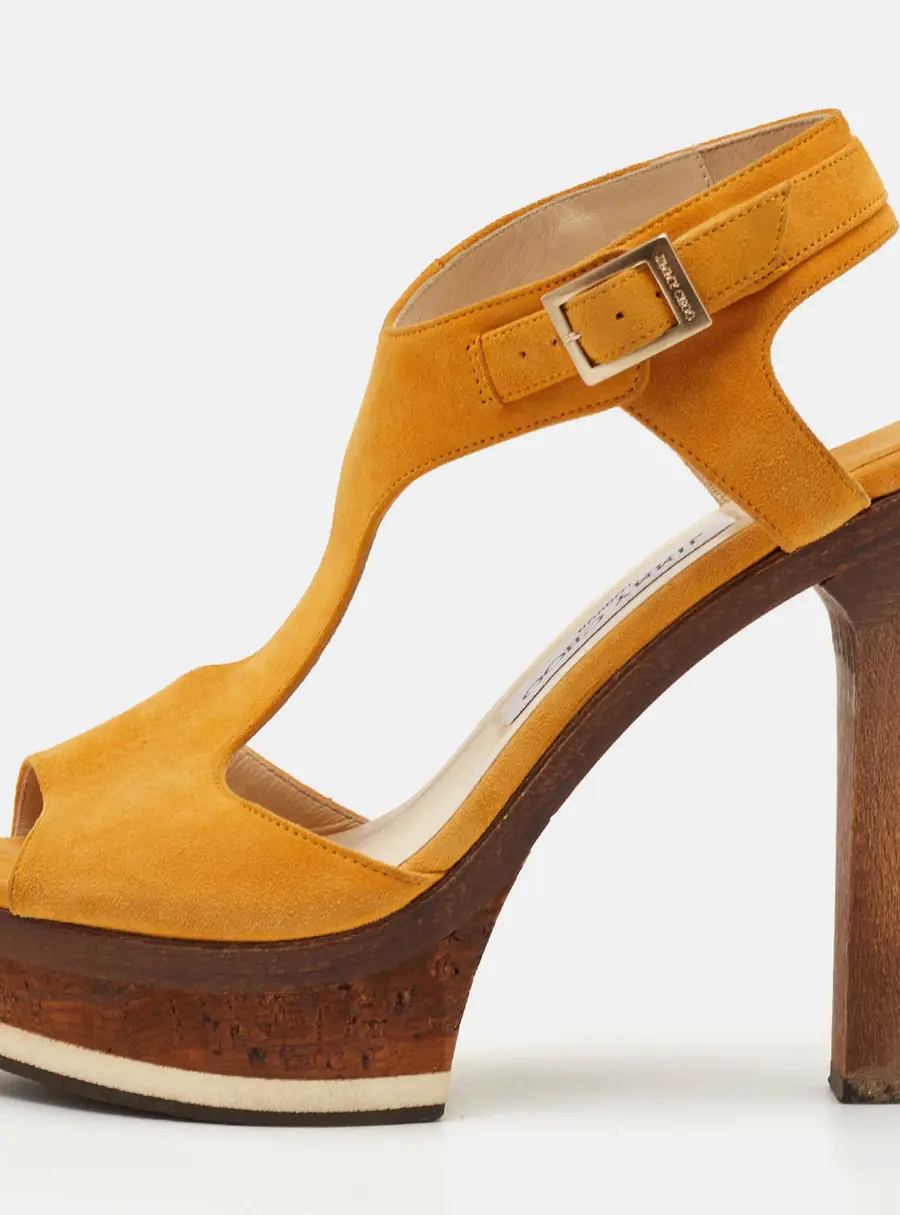 Jimmy Choo Size 37 Yellow Suede T-Strap Platform Sandals
