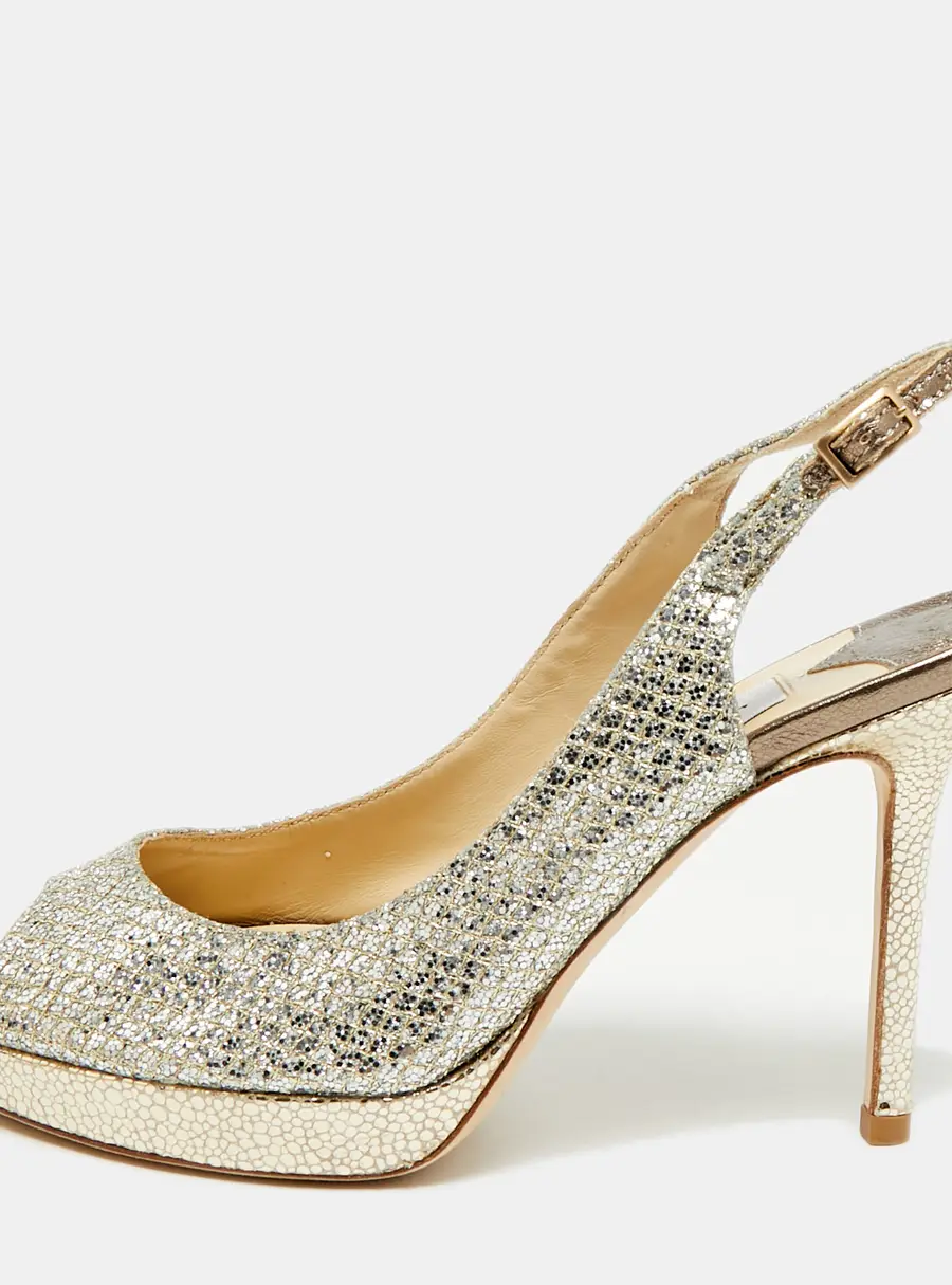 Jimmy Choo Nova Size 35 Gold Glitter Peep Toe Slingback Pumps