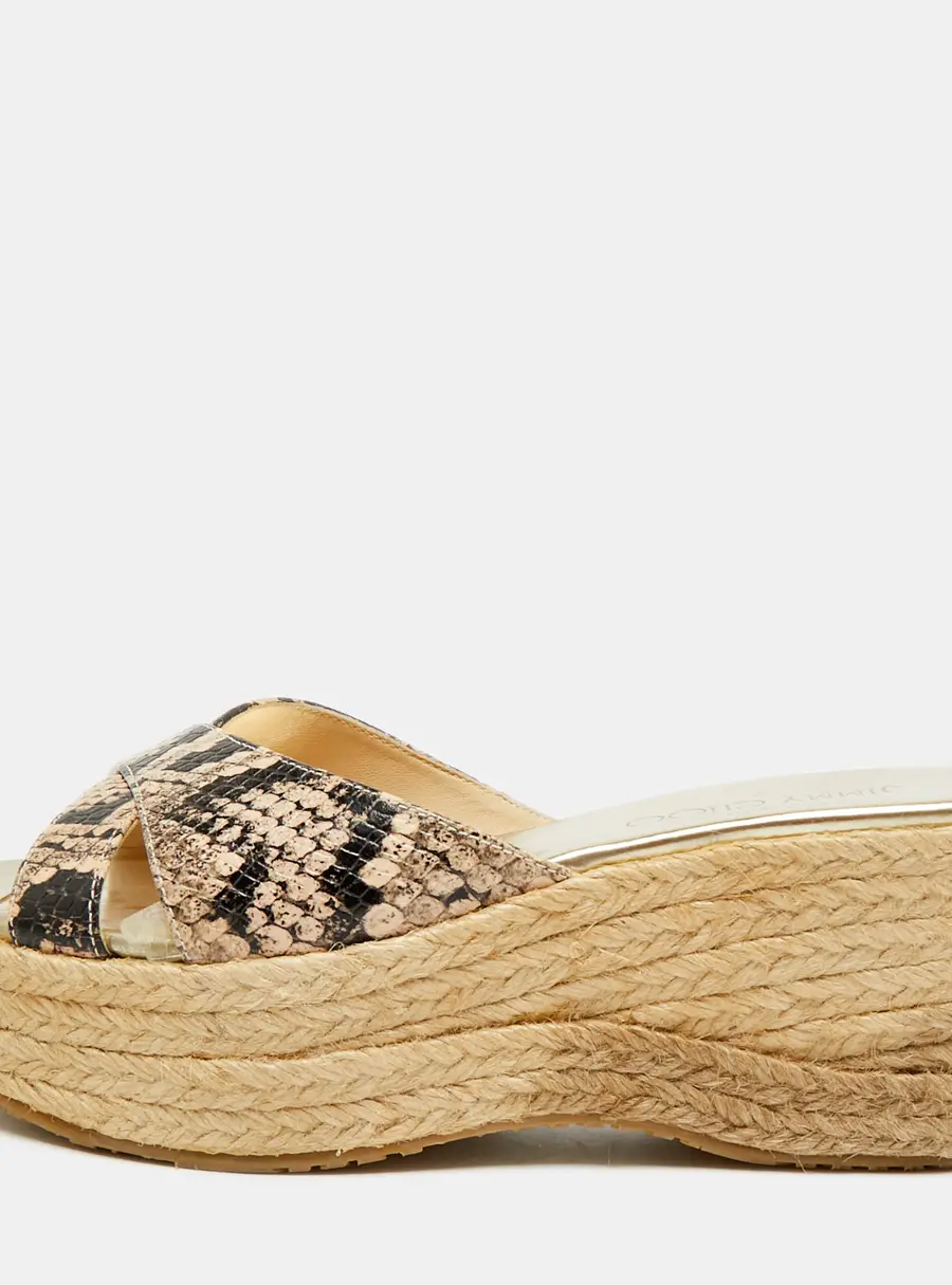 Jimmy Choo Dovina Size 37.5 Beige/Black Python Embossed Leather Espadrille Sandals