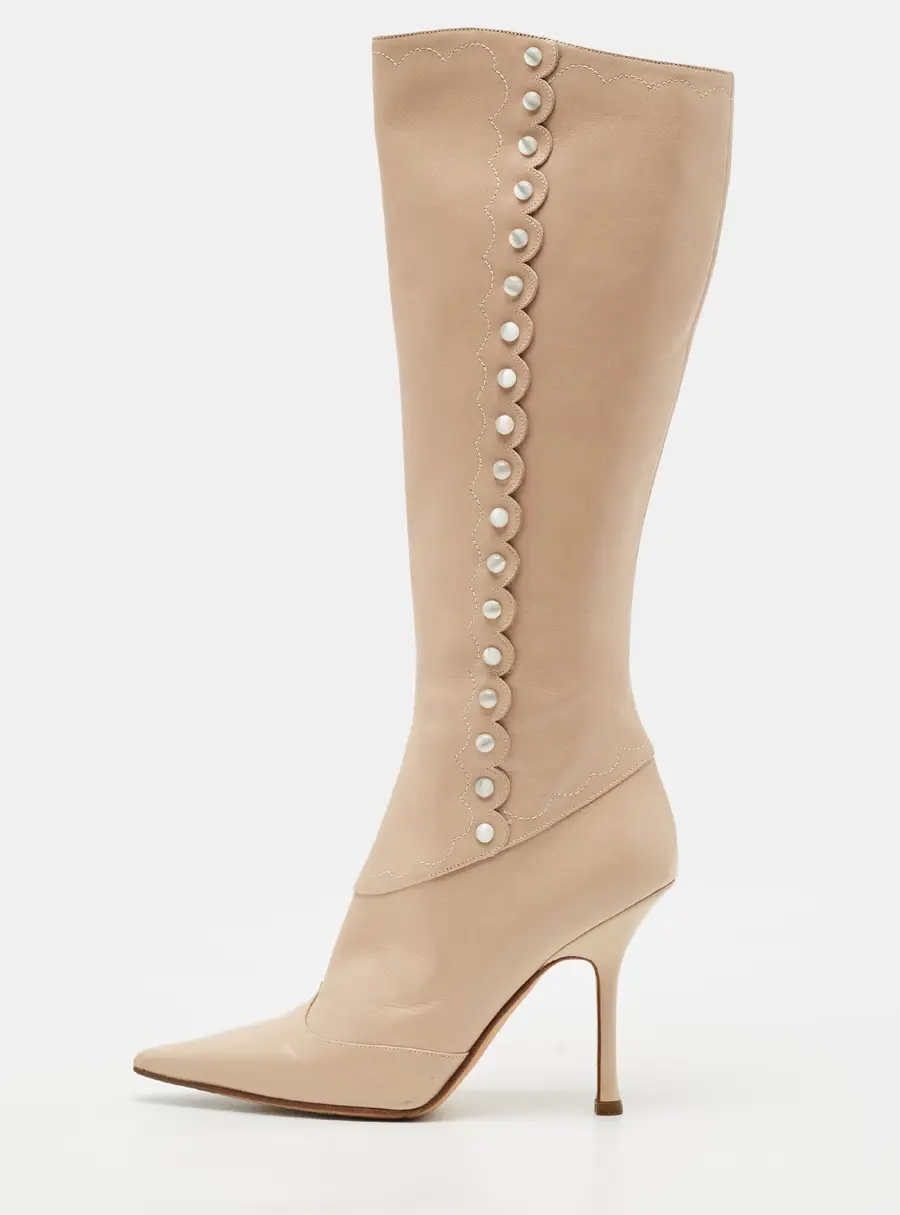 Jimmy Choo Size 37.5 Beige Leather Bead Details Knee Length Boots