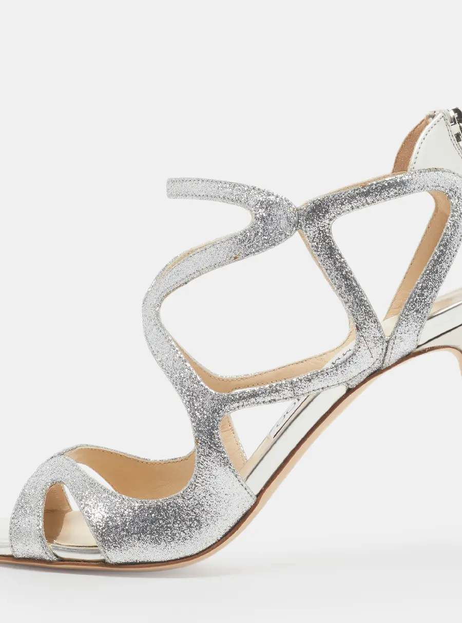 Jimmy Choo Leslie Size 39 Silver Glitter and Leather Sandals