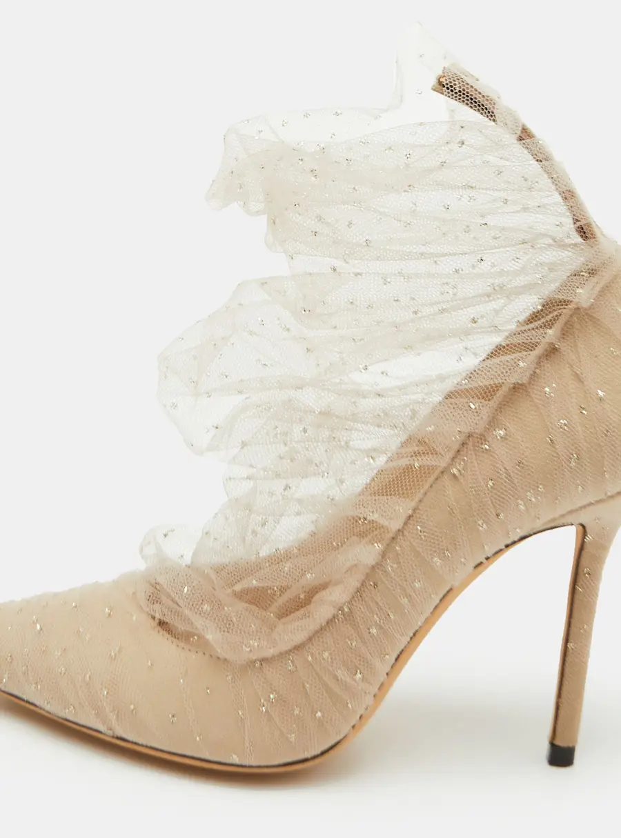Jimmy Choo Lavish Size 37.5 Beige Mesh and Suede Pointed Toe Pumps