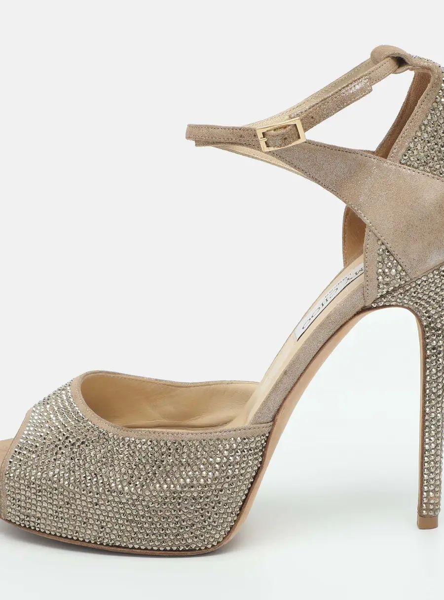Jimmy Choo Size 39.5 Beige Rhinestone Embellished Suede Ankle Strap Sandals