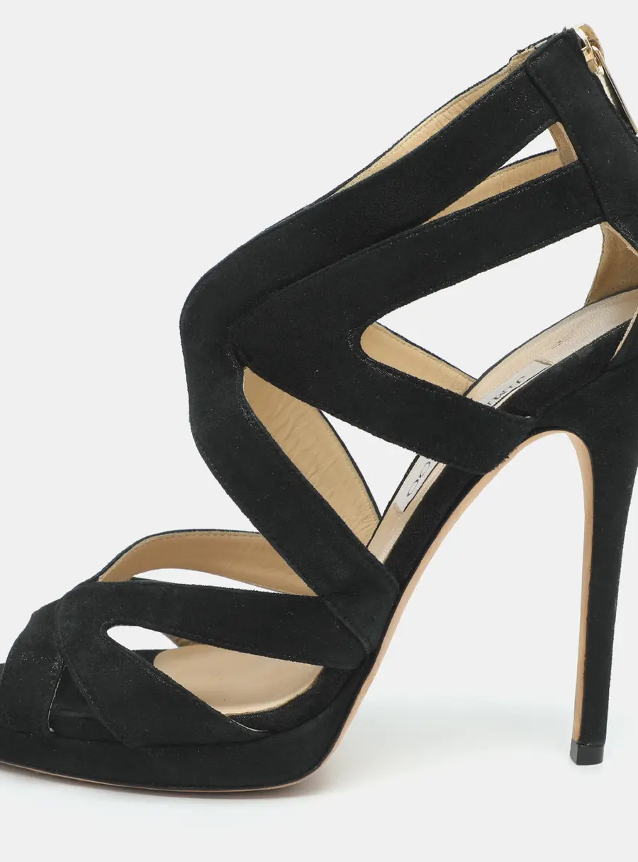 Jimmy Choo Collar Size 39 Metallic Black Glitter Suede Cutout Peep Toe Sandals