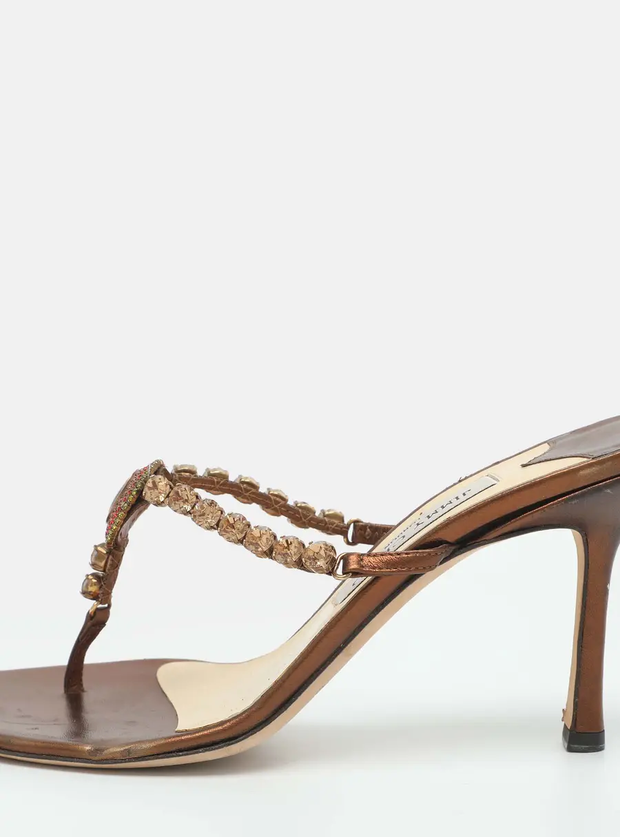 Jimmy Choo Size 40 Metallic Brown Crystals and Leather Thong Sandals