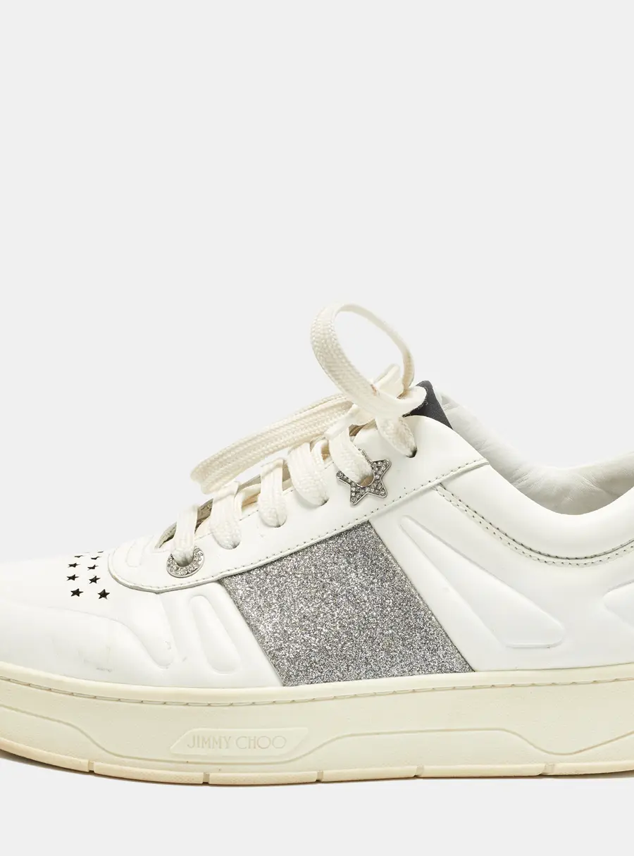 Jimmy Choo Hawaii/F Size 38.5 White/Silver Glitter and Leather Low Top Sneakers