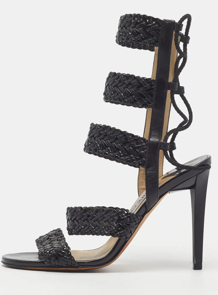 Jimmy Choo Size 37 Black Patent Leather and Woven Leather Ankle Strap Sandals