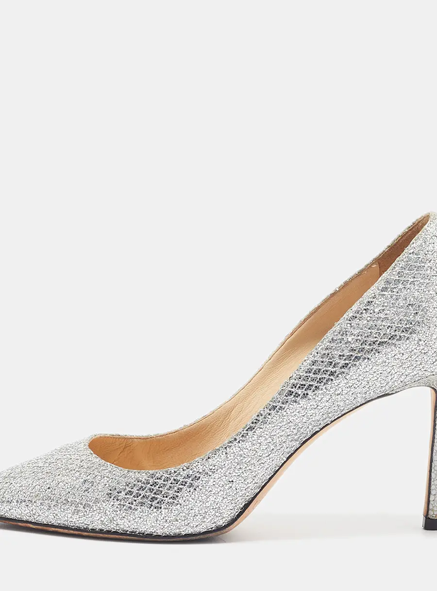 Jimmy Choo Romy Size 37.5 Silver Glitter Pumps