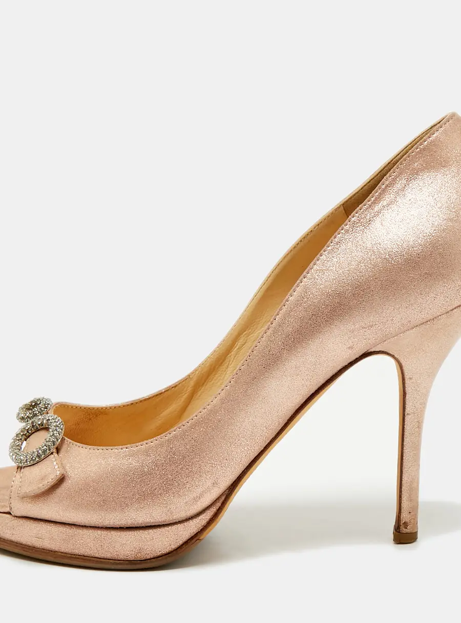 Jimmy Choo Size 37 Metallic Gold Texture Suede Crystal Buckle Peep Toe Pumps