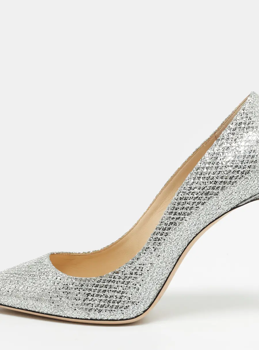 Jimmy Choo Romy Size 39 Silver Metallic Lurex Fabric Pointed Toe Pumps