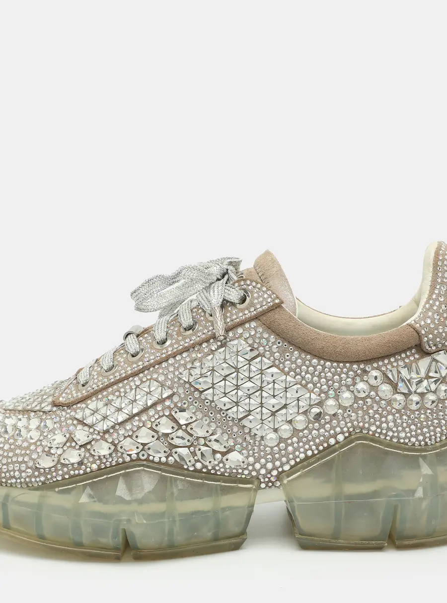 Jimmy Choo Diamond Size 40 Metallic Suede Crystal Embellished Low Top Sneakers