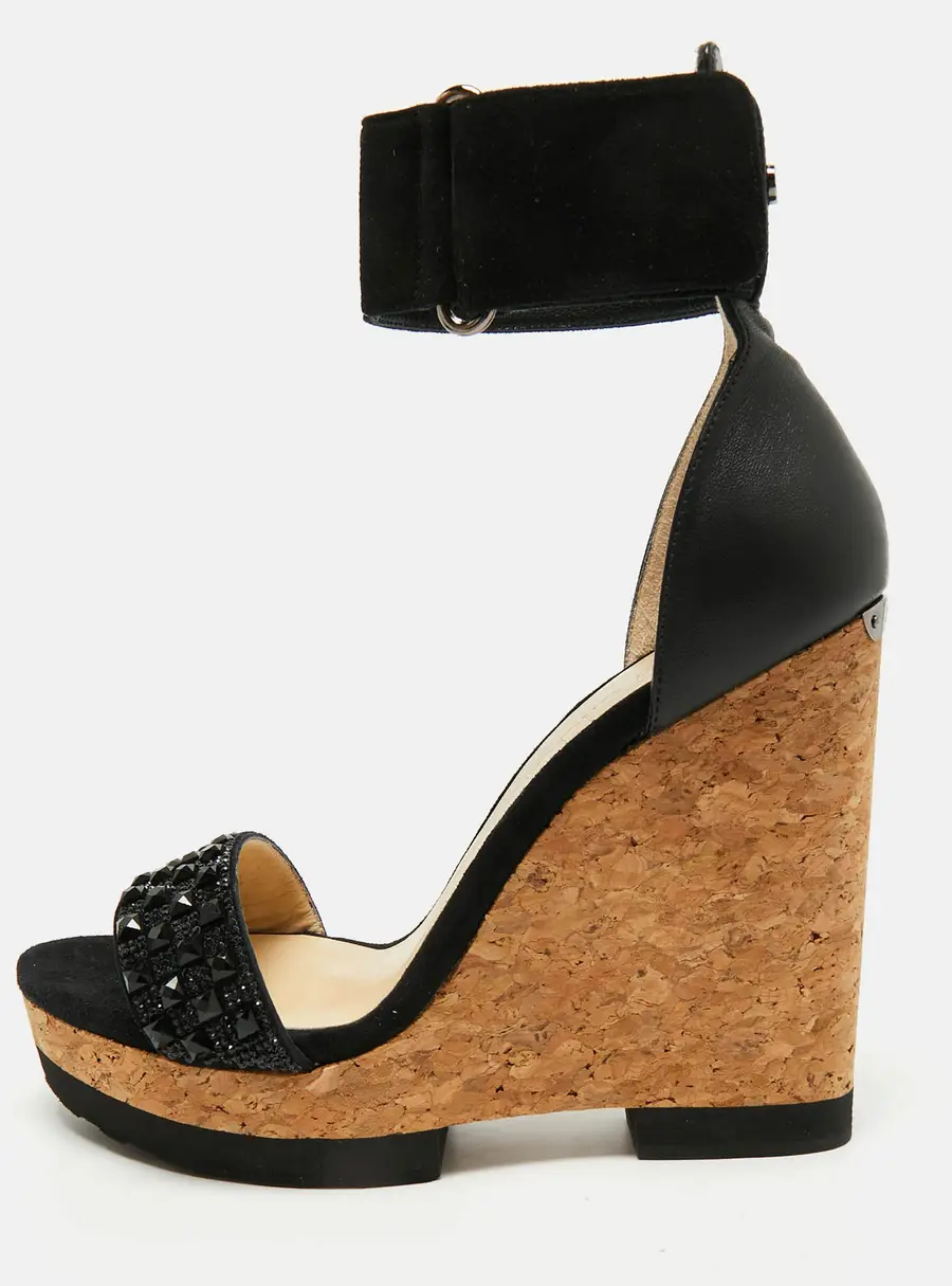 Jimmy Choo Neston Size 39 Black Leather and Suede Wedge Sandals