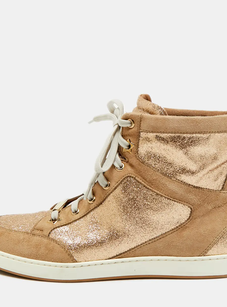 Jimmy Choo Tokyo Size 38 Gold/Beige Glitter and Suede High Top Sneakers
