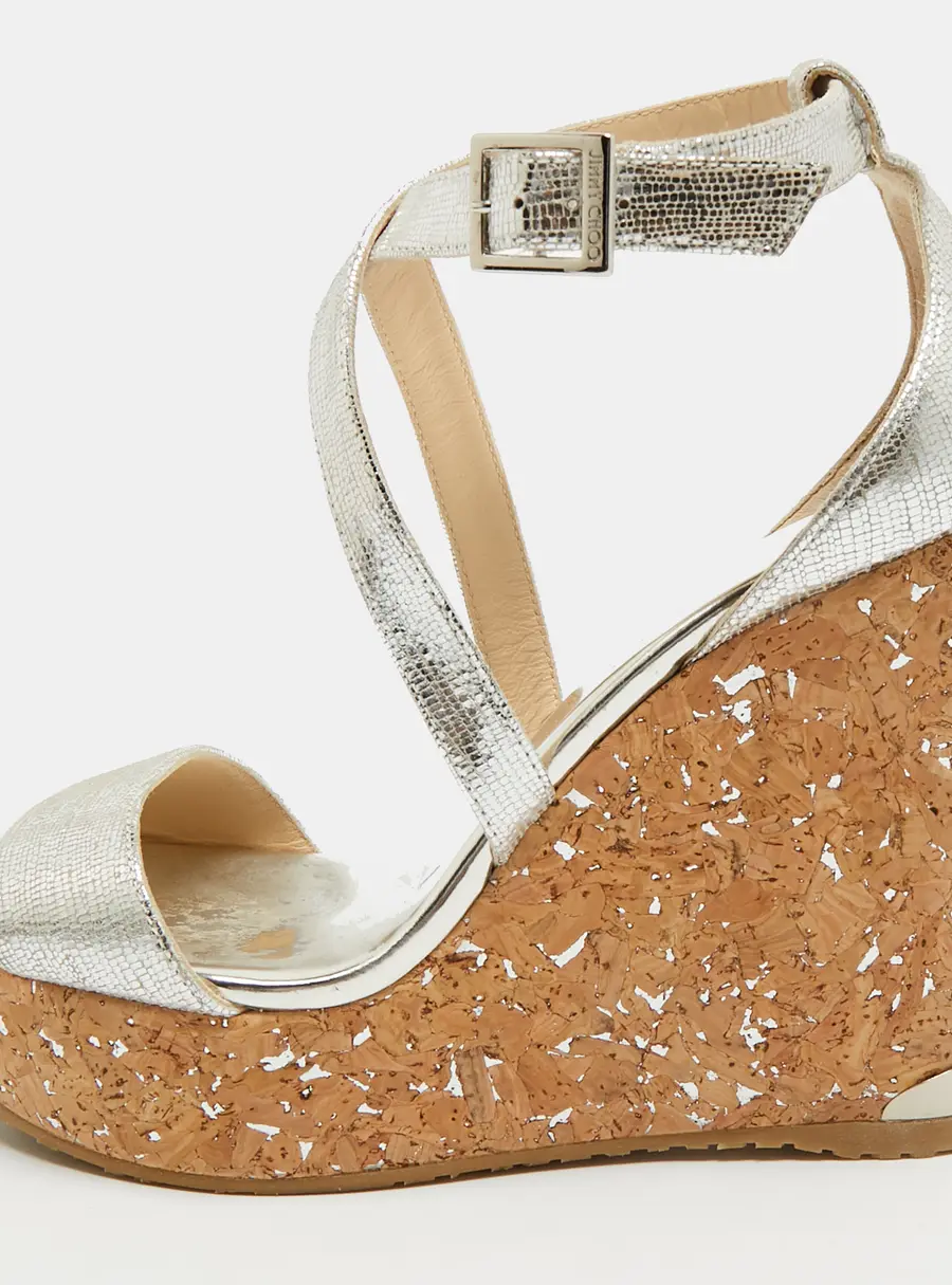 Jimmy Choo Aleili Size 38 Silver Texture Suede Wedge Sandals