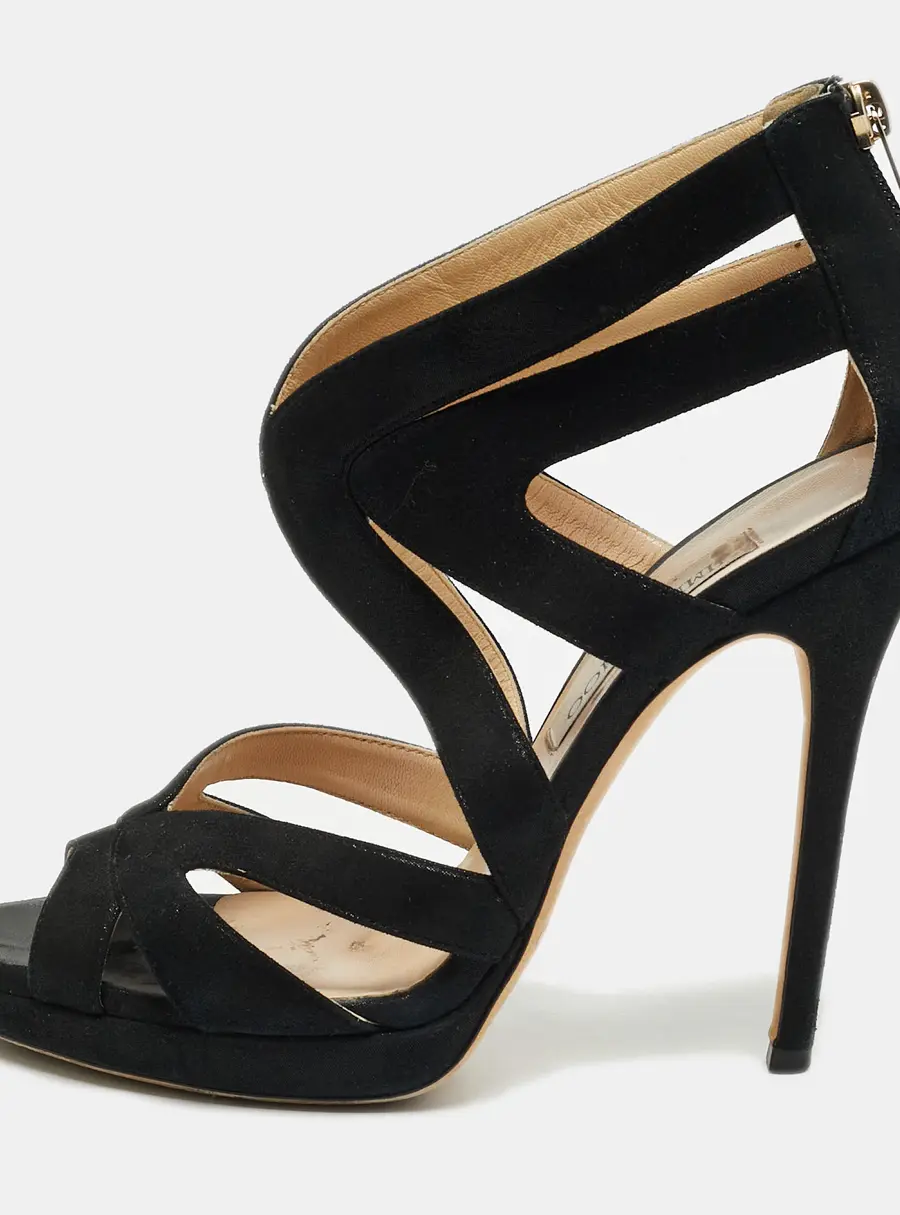 Jimmy Choo Collar Size 38 Black Metallic Suede Cut-Out Strappy Sandals