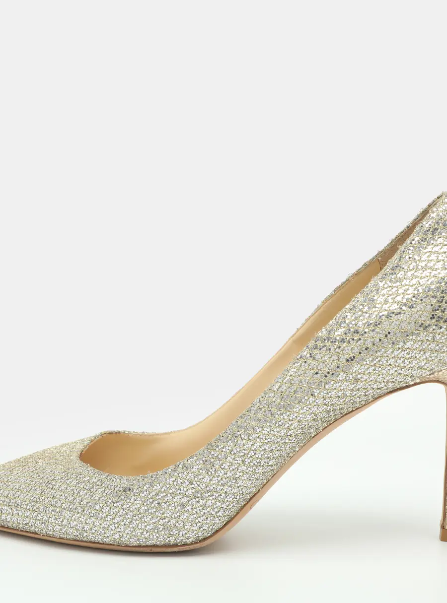 Jimmy Choo Romy Size 39 Silver Metallic Lurex Fabric Pointed Toe Pumps
