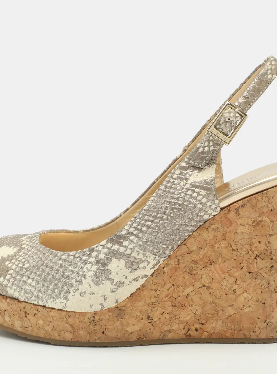 Jimmy Choo Praise Cork Size 40 Metallic Snakeskin Embossed Leather Wedge Sandals