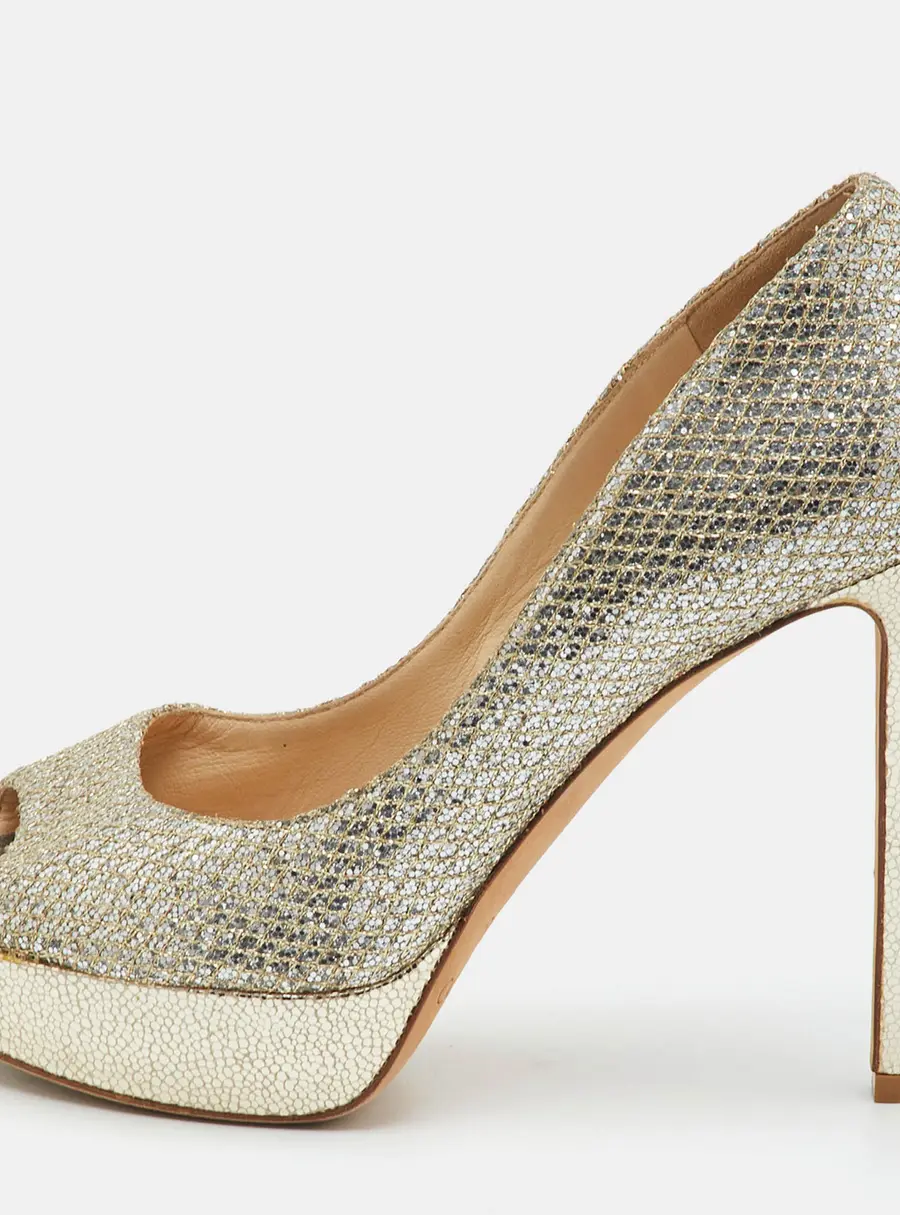 Jimmy Choo Luna Size 37 Metallic Glitter Platform Peep Toe Pumps