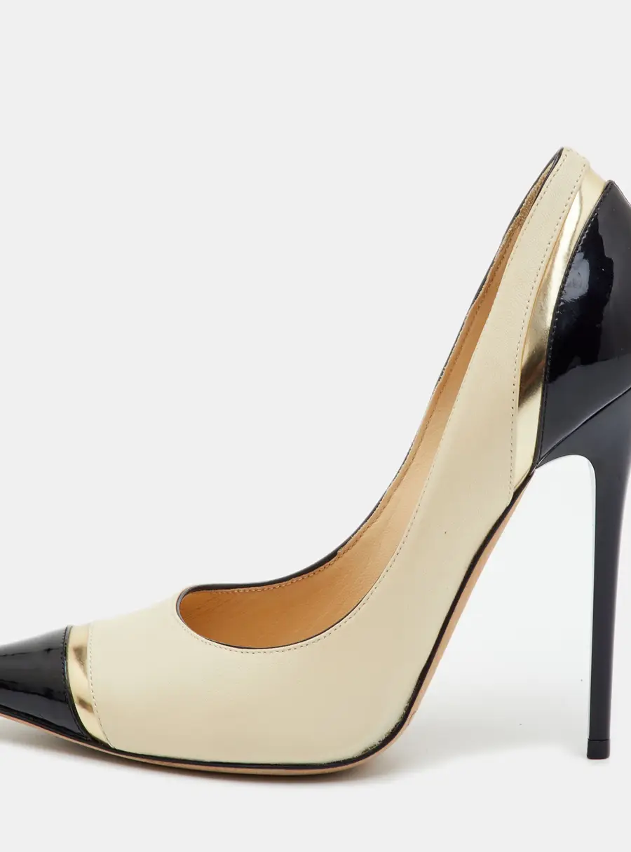 Jimmy Choo Limit Size 36 Cream/Black Leather and Patent Leather Pointed Toe Pumps