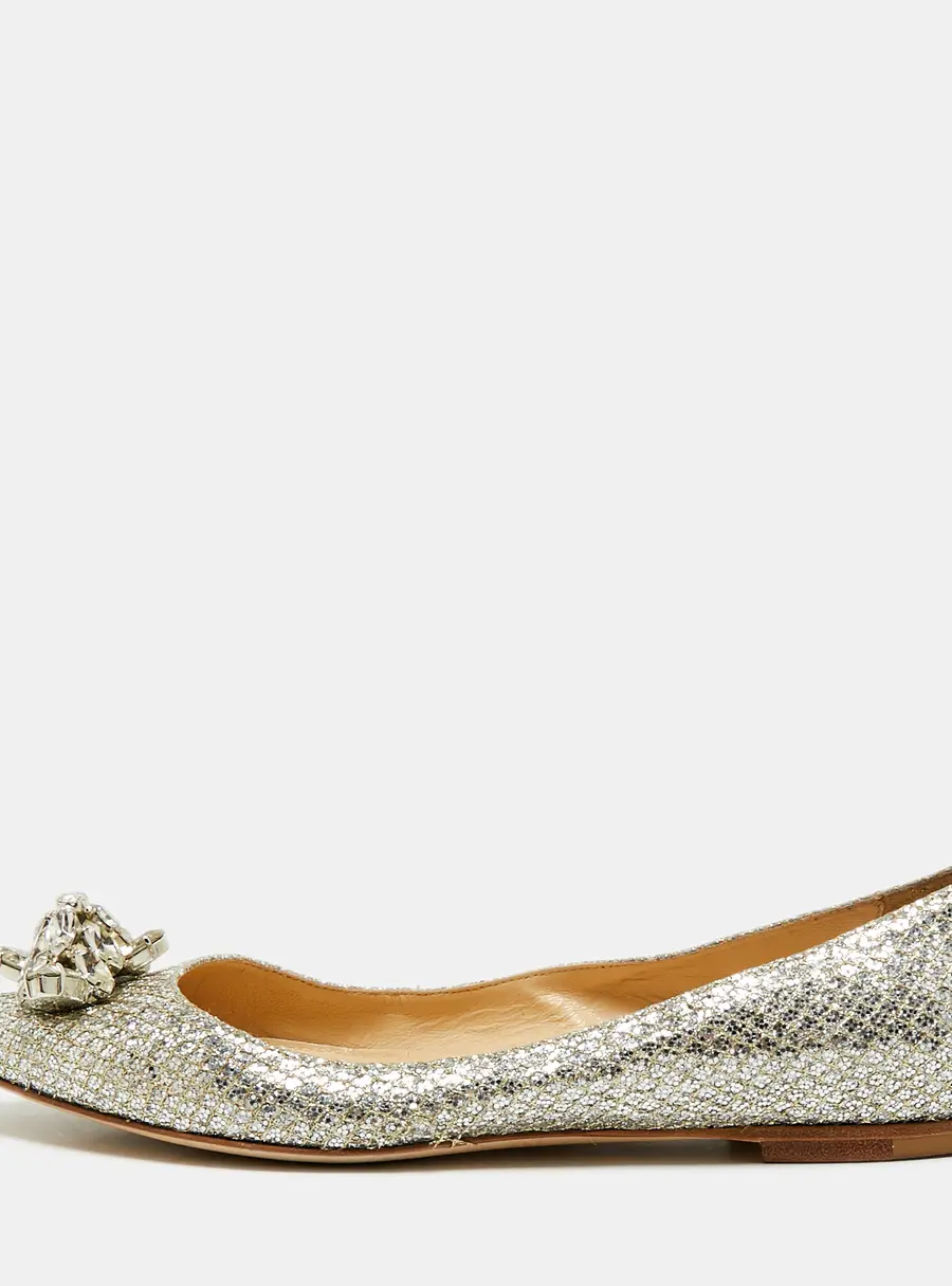 Jimmy Choo Romy Size 37.5 Silver Glitter Crystal Embellished Ballet Flats