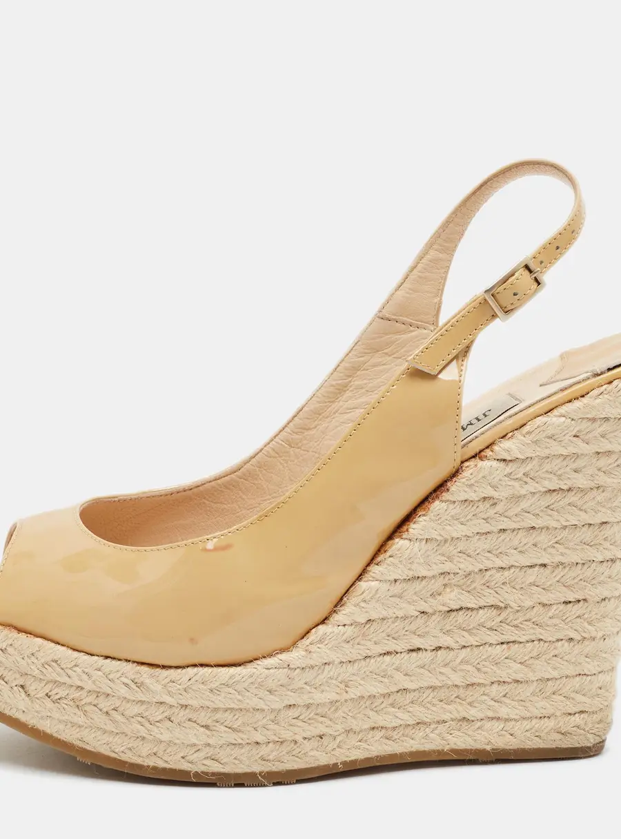 Jimmy Choo Size 38 Beige Patent Leather Espadrille Wedge Slingback Sandals