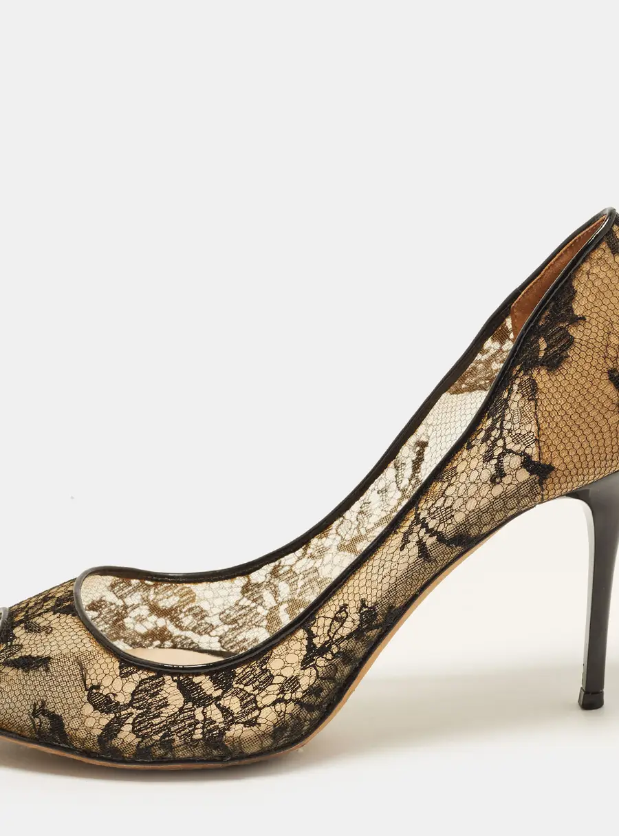 Jimmy Choo Luna Size 39.5 Black Lace and Mesh Peep Toe Pumps