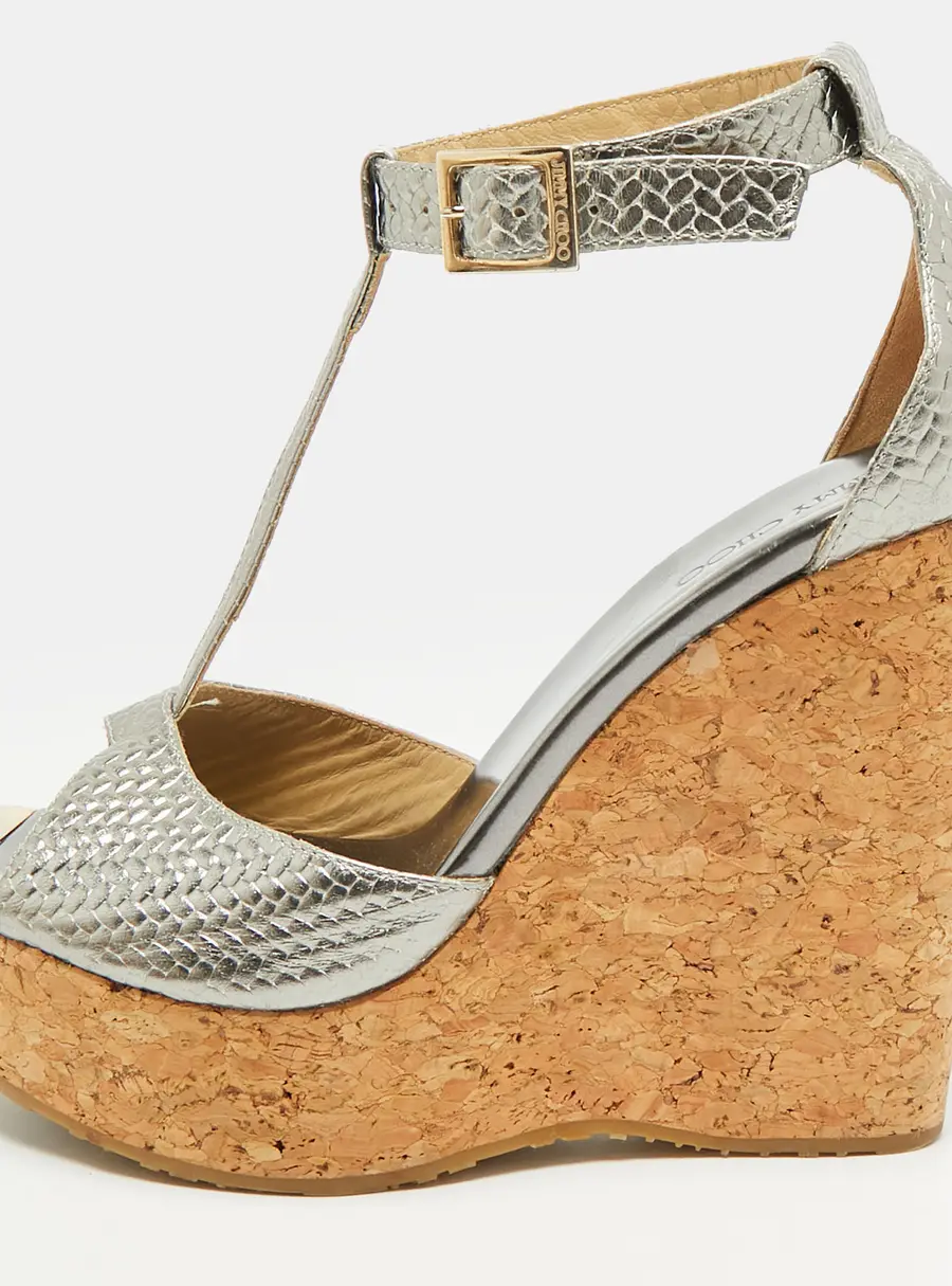Jimmy Choo Size 39 Silver Leather Cork Wedge Sandals