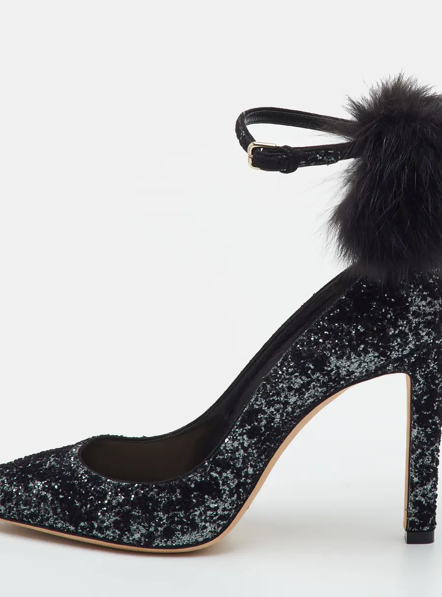 Jimmy Choo South Size 39.5 Black Coarse Glitter and Fox Fur Pom-Pom Pointed Toe Pumps