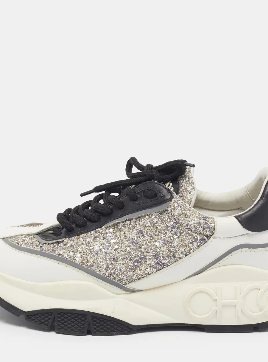 Jimmy Choo Raine Size 39 Tricolor Glitter and Leather Lace Up Sneakers