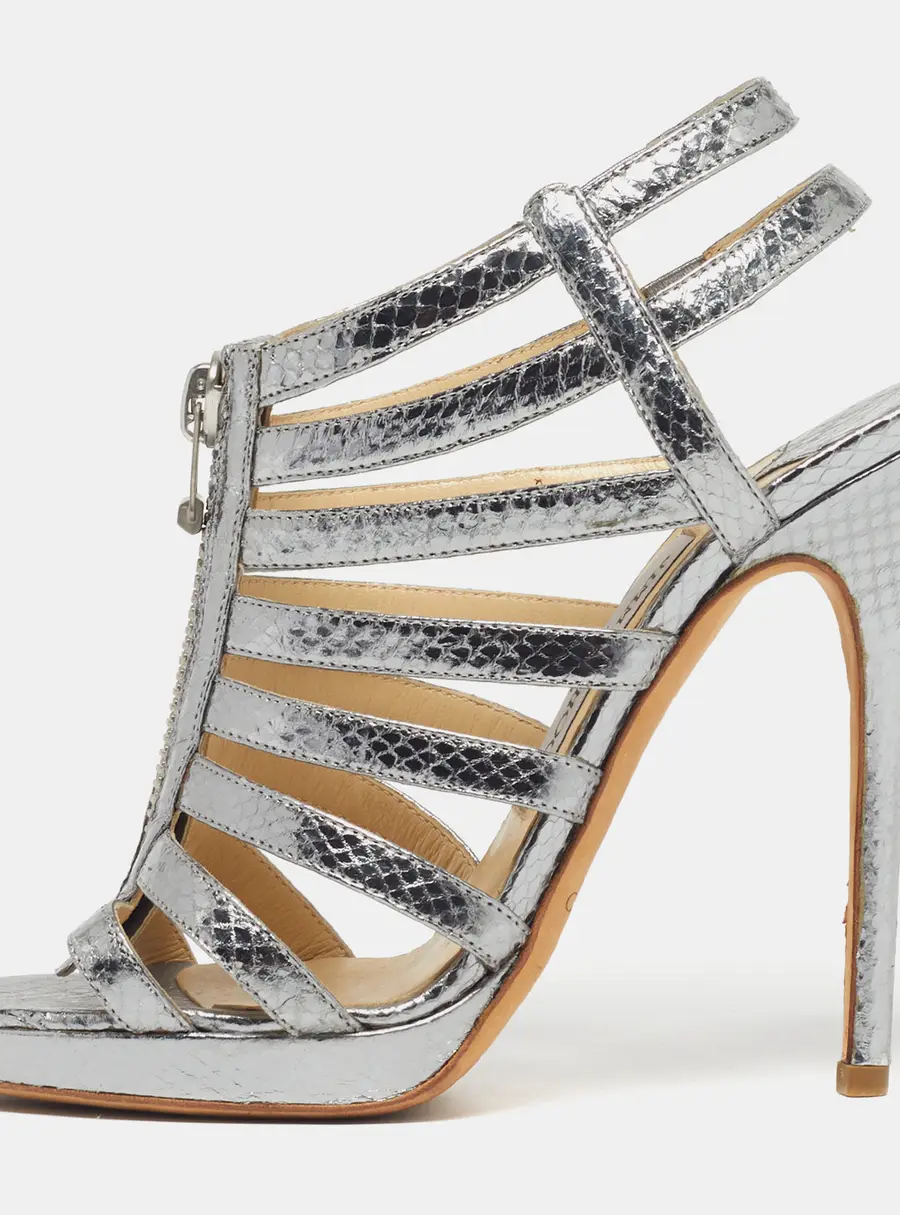 Jimmy Choo Glenys Size 38.5 Silver Snakeskin Embossed Leather Gladiator Sandals