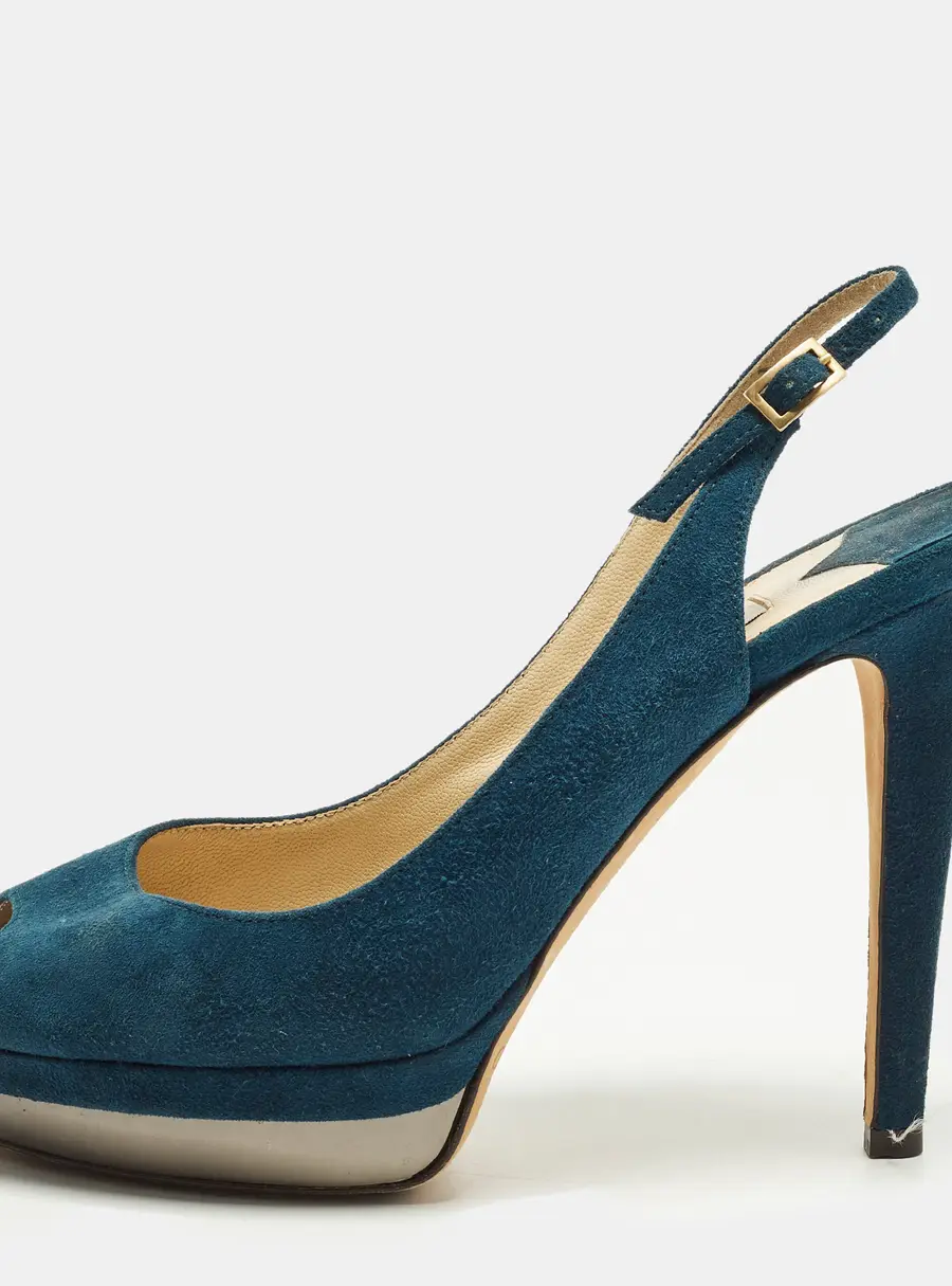 Jimmy Choo Aadi Size 38 Navy Blue Suede Platform  Slingback Pumps