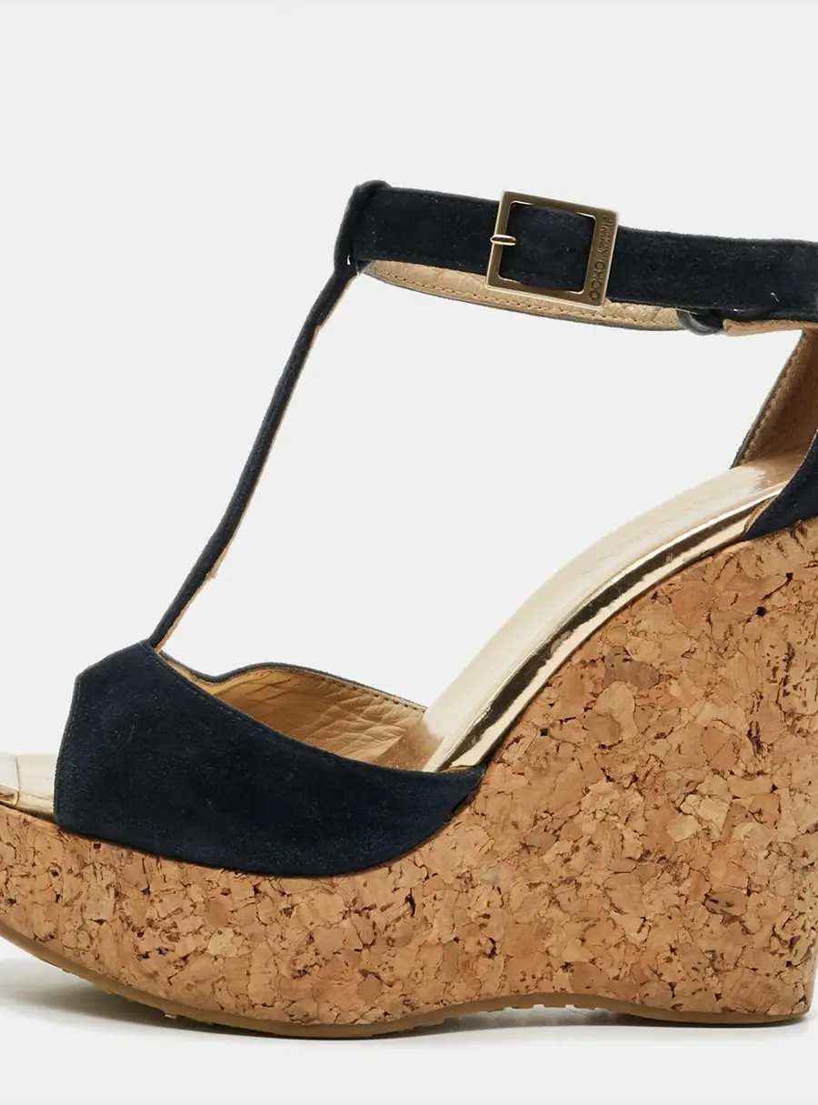 Jimmy Choo Pela Size 37.5 Navy Blue Suede Wedge Sandals