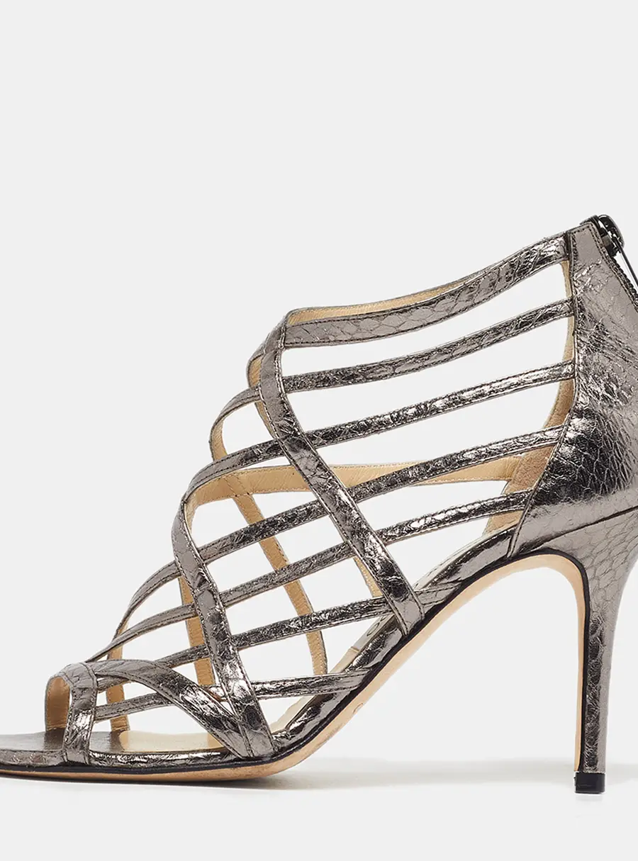 Jimmy Choo Size 38 Metallic Snakeskin Embossed Leather Cage Sandals