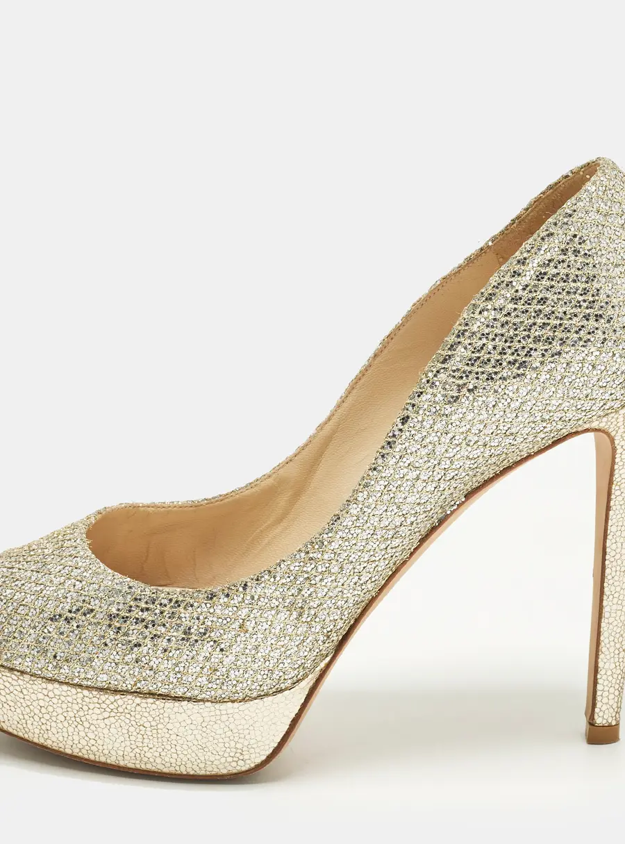 Jimmy Choo Dahlia Gold Glitter Fabric Peep Toe Pumps Size 38.5