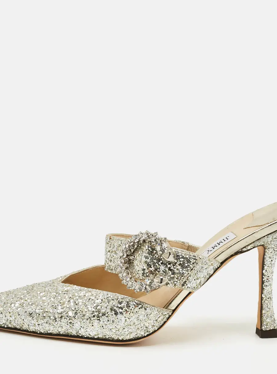 Jimmy Choo Marta Size 39 Metallic Silver Glitter Crystal Embellished Mules