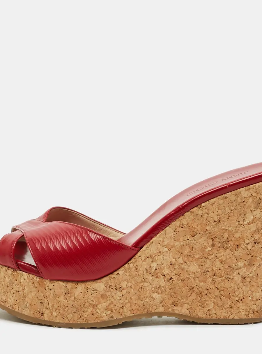 Jimmy Choo Prima Size 38.5 Red Leather Cork Platform Wedge Sandals