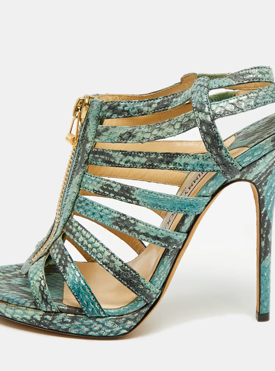 Jimmy Choo Glenys Size 38.5 Blue Snakeskin Embossed Leather Ankle Strap Sandals