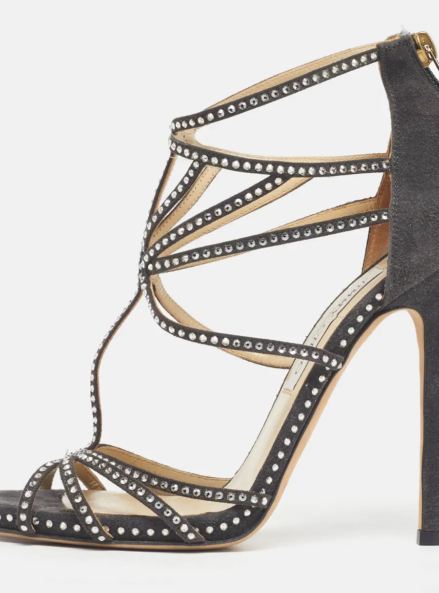 Jimmy Choo Lance Size 38.5 Grey Suede Crystal Embellished Ankle Strap Sandals