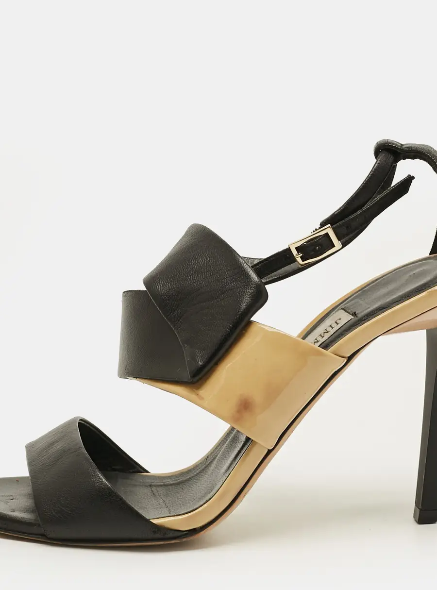 Jimmy Choo Trapeze Size 36 Black/Beige Leather and Patent Leather Ankle Strap Sandals