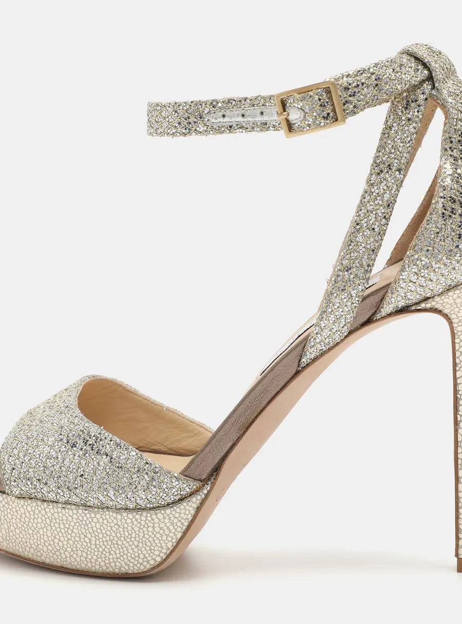 Jimmy Choo Linda Size 38 Gold Glitter Fabric And Metallic Leather Ankle Strap Sandals