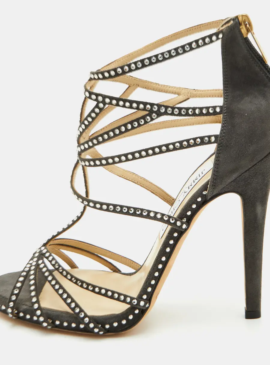 Jimmy Choo Vendetta Size 38.5 Grey Suede Crystal Embellished Strappy  Sandals