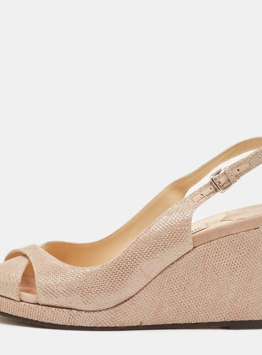 Jimmy Choo Size 38.5 Beige Metallic Embossed Suede Wedge Slingback Sandals