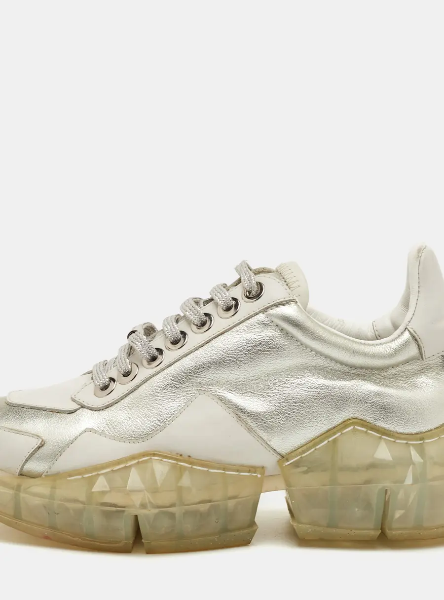Jimmy Choo Diamond Size 37 Silver/White Leather Low Top Sneakers