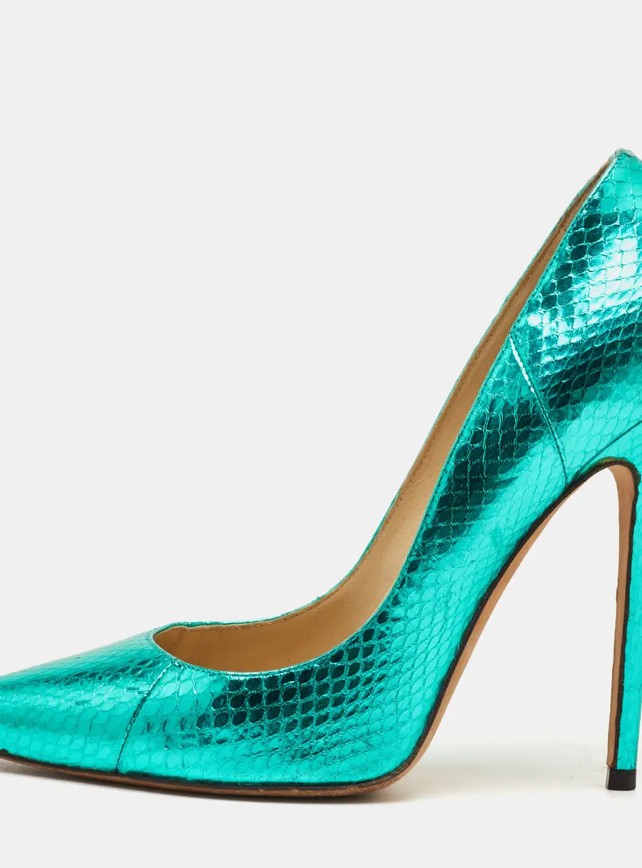 Jimmy Choo Abel Size 39.5 Metallic Green Snakeskin Embossed Leather Pointed Toe Pumps