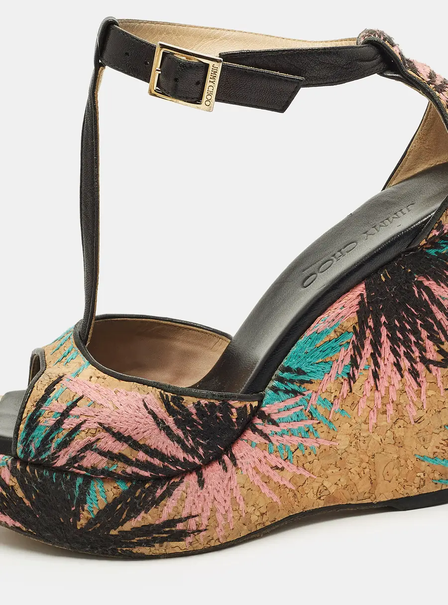 Jimmy Choo Size 40 Multicolor Cork and Leather Wedge Sandals