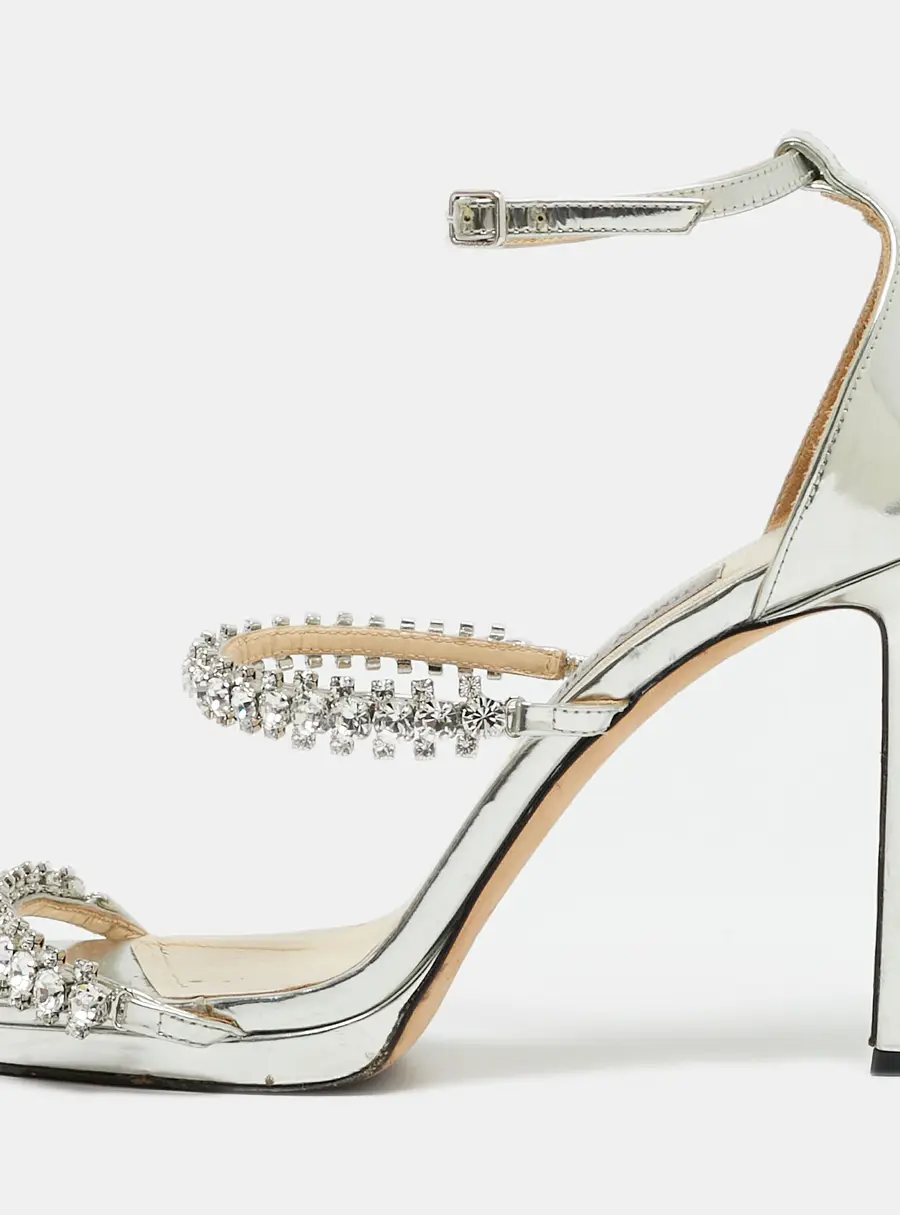 Jimmy Choo Bing Size 40 Silver Patent Leather Crystal Embellished Ankle Strap Sandals