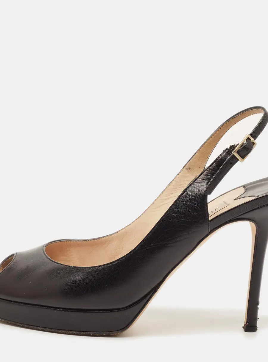Jimmy Choo Vita Size 37 Black Leather Peep Toe Slingback Pumps