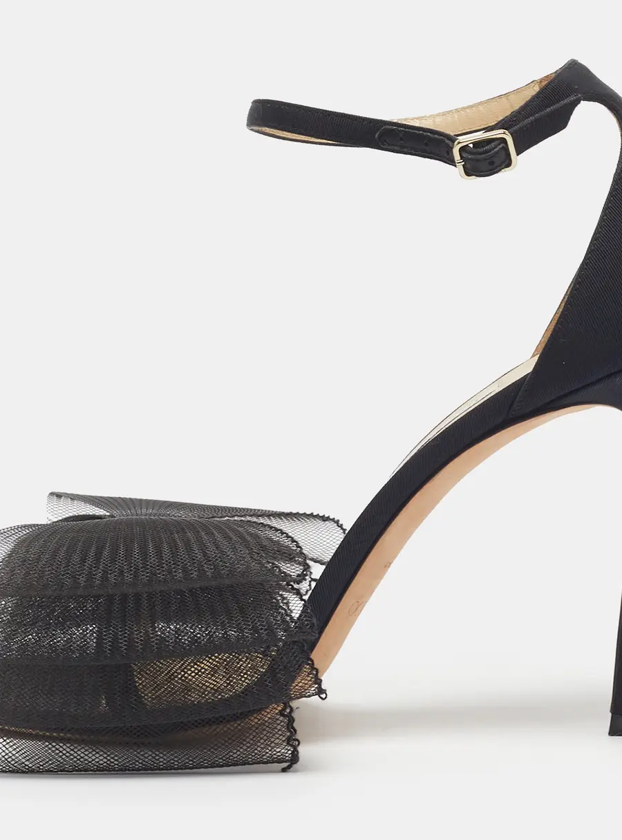 Jimmy Choo Aveline Size 39.5 Black Canvas and Net Ankle Strap Sandals