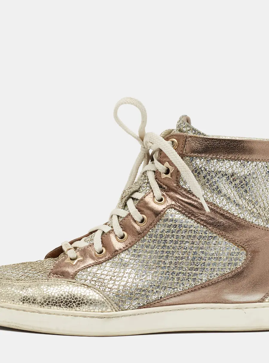 Jimmy Choo Tokyo Size 37 Gold Glitter and Leather High Top Sneakers